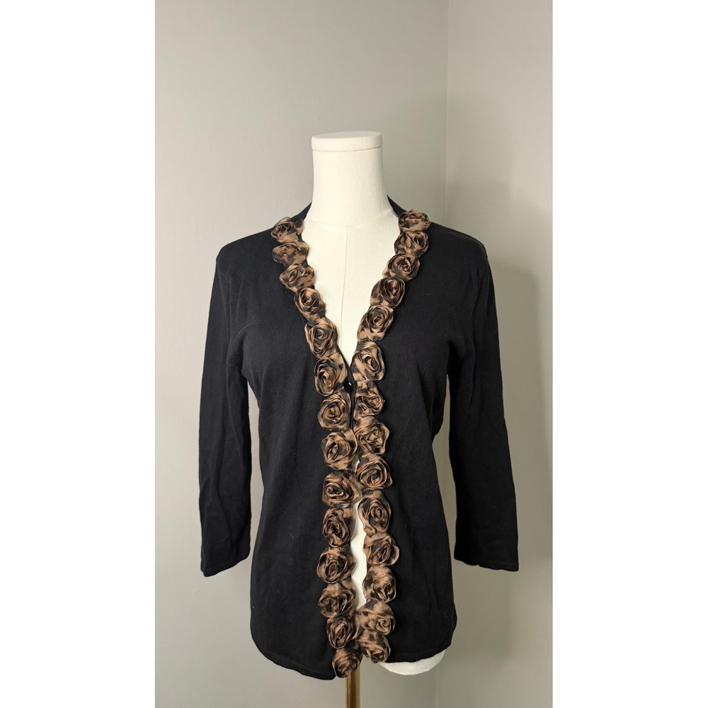 JM Collection Petite M Black Cardigan Leopard Rosette Trim 3/4 Sleeve